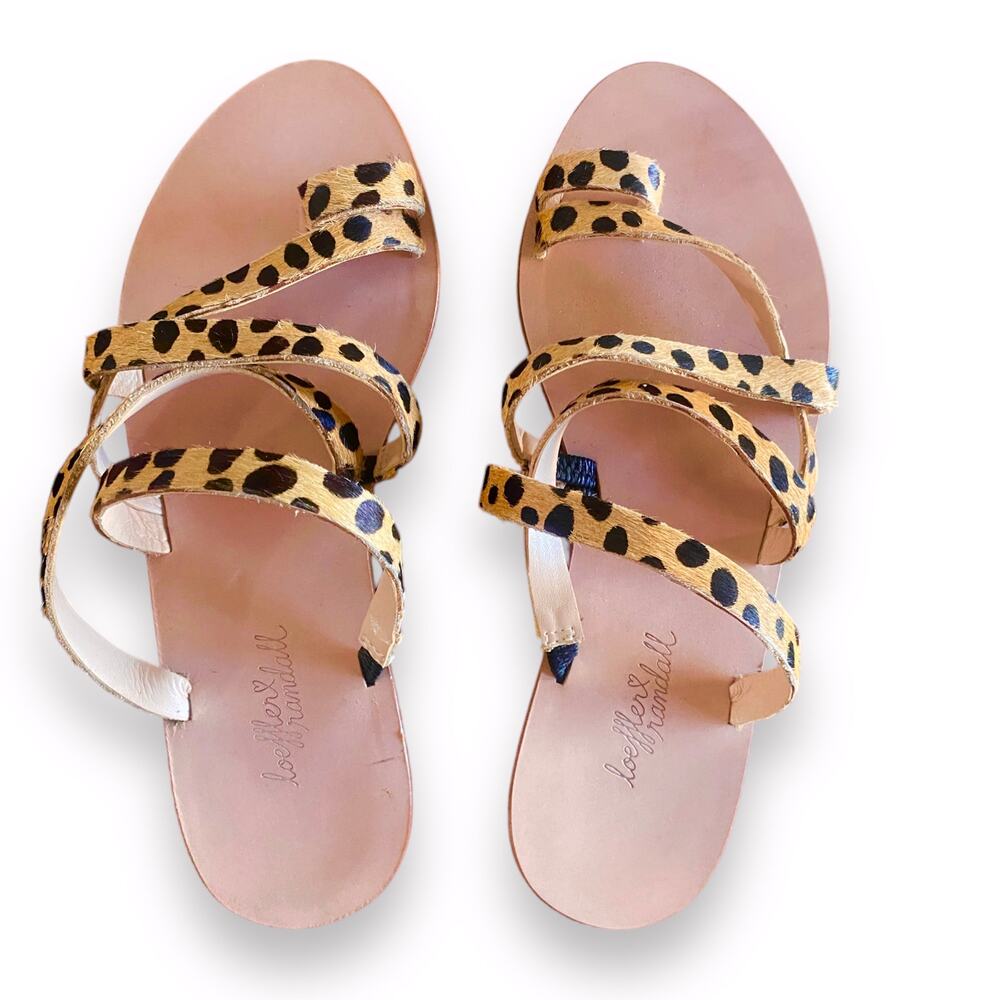 New Loeffler Randall Calf Hair Flat Sandal Fit Sz 6.5 Cheetah Straps Toe Ring - Picture 7 of 11
